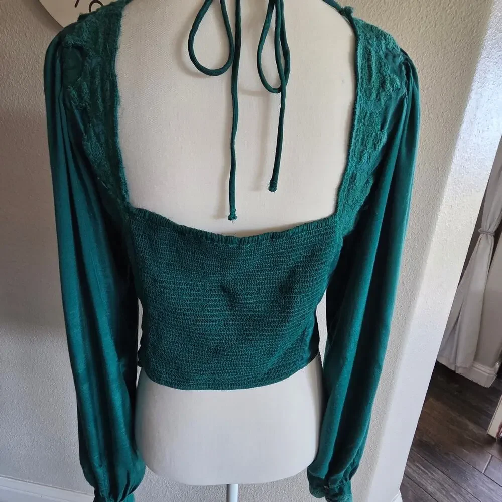 #498 Free People Teal Knit Top with Lace Detail